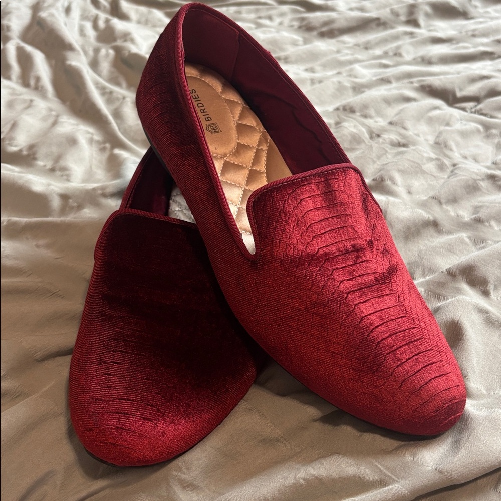 Birdies Starling Burgundy Red Velvet Python Smocking Loafer Slipper Flats 8.5